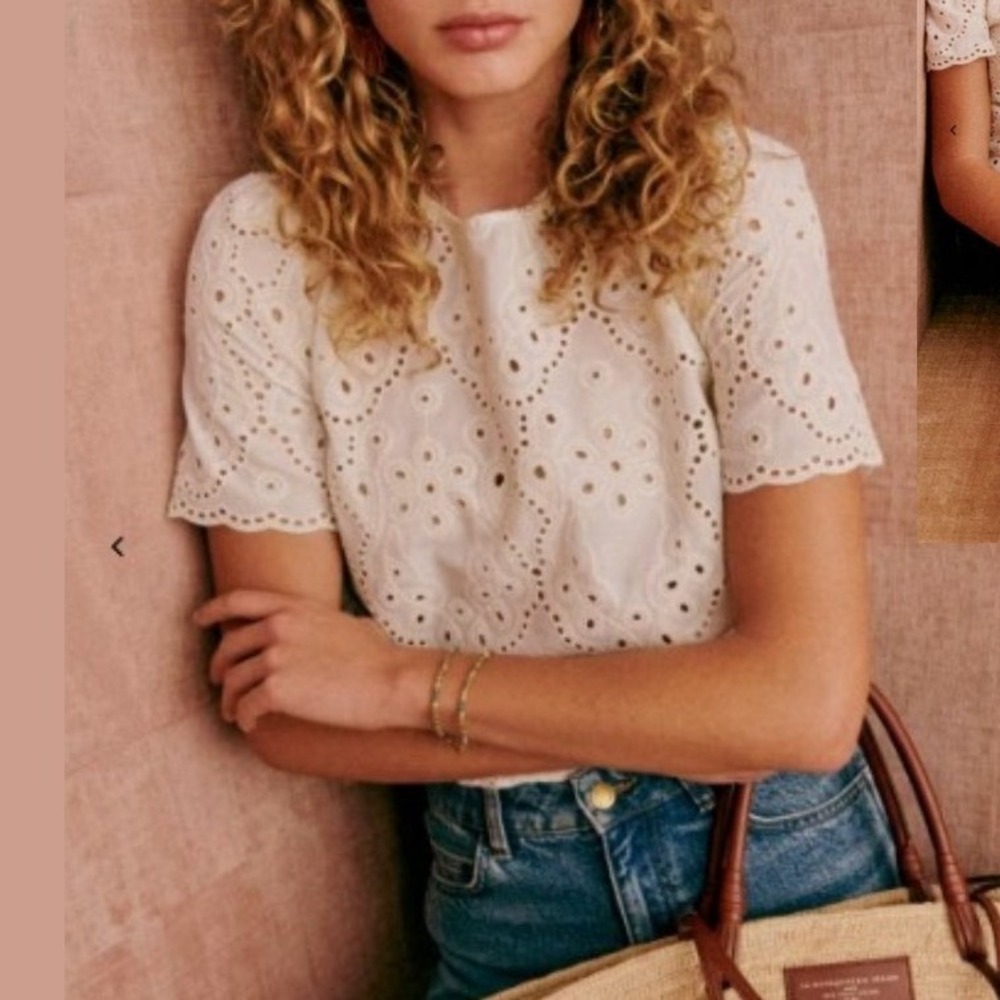 Sezane Annabelle Blouse Embroidered Cream White Eyelet Short Sleeve Top Size 42